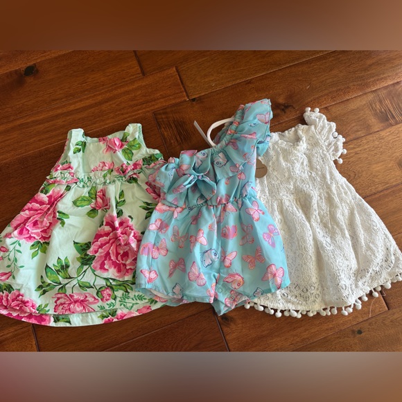 Baby Essentials Other - Baby Girl Spring Bundle 3-6M Floral Dress Butterfly Romper White Lace Pom Pom